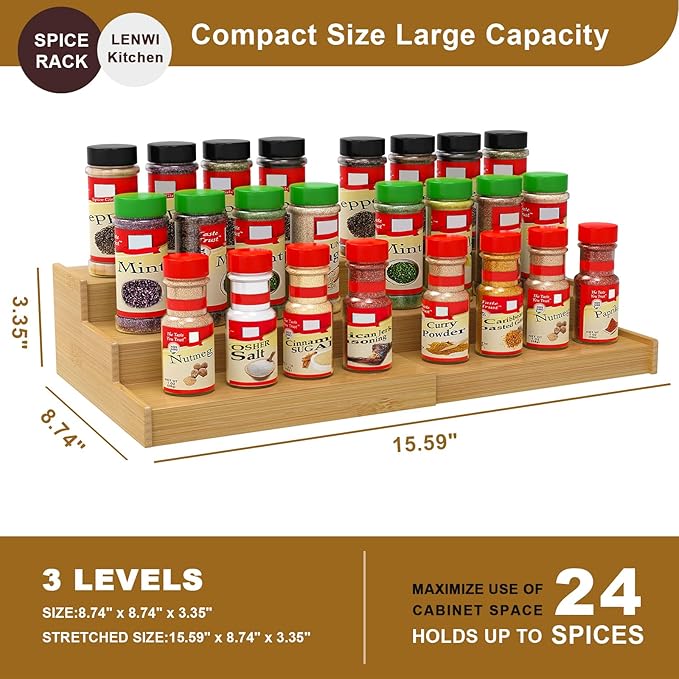 Spice Rack Organizer for Cabinet, 3 Tier Expandable Bamboo Spice Storage for Kitchen Cupboard Pantry