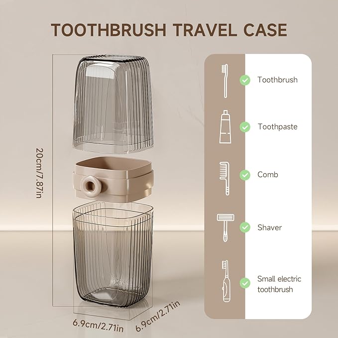 Topavatop Toothbrush Travel Case, 2 in 1 Toothbrush Holder and Rinse Cup, Large Capacity Toothbrush Cup with Cover, Portable Travel Toothbrush Holder for Traveling, Camping, Trip - 1Pcs - Beige&Clear