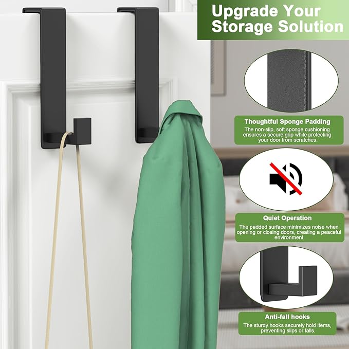 VINHOLD Over The Door Hooks, Door Hanger Hooks for Hanging Heavy Duty, Hat Organizer Coat Rack Towel Hooks for Bathroom, Door Rack for Bedroom Entryway Office (Black, 2 Pack, Fits 1-3/4" Thick Door)