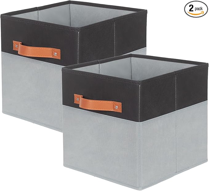 ShellKingdom Storage Bins, Two-Tone Foldable Fabric Storage Cubes with Leather Handle for Closet Toys Clothes Storage Organizer Drawer, 10.5 X 10.5 X 11 inch, 2 Pack (Black/Grey)