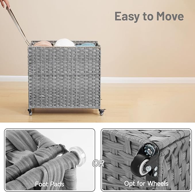 Laundry Hamper with Wheels, 34.3 Gallon(130L) Rolling Laundry Basket with Lid, 3-Section Rattan Clothes Hamper with 3 Removable Liner & 3 Mesh Bags, Laundry Sorter with Side Pocket, Grey
