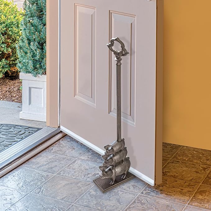 Sungmor Portable Door Stopper Wedge, 23.8" Tall Cute Three Pig Door Holder, Cast Iron Heavy Duty Animal Statue Door Stops with Handle, Antique Style Decorative Ornaments for Home or Yard