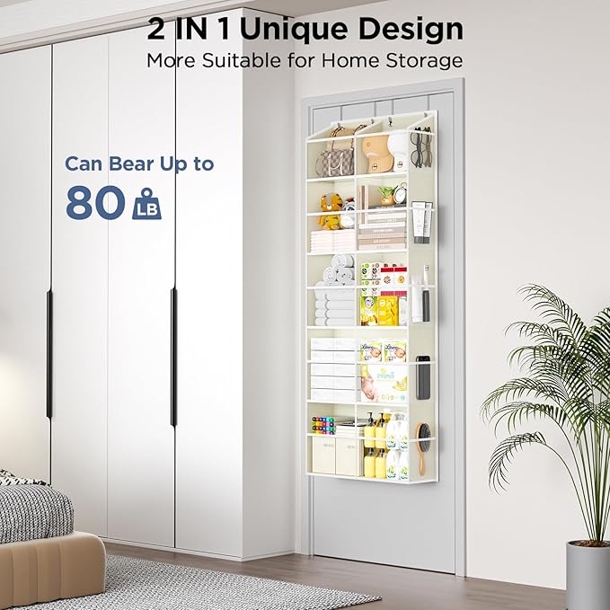 2 Pack 5-Tier Over The Door Organizer with 10 Side Mesh Pockets & Clear Windows, 80 lbs Weight Capacity Hanging Storage for Bathroom, Bedroom, Nursery, Kitchen, Organize Shoes, Diapers(Clear Beige)
