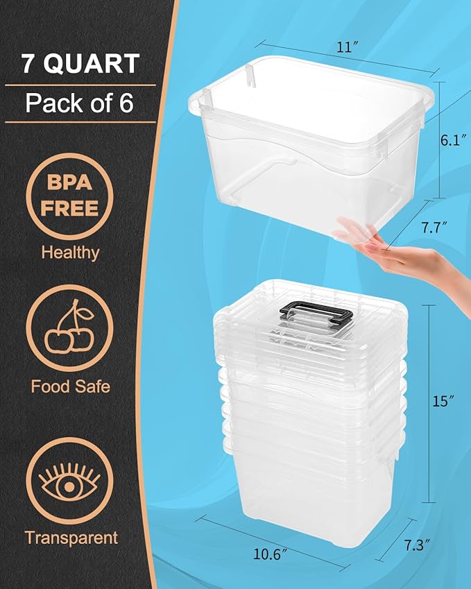 Plastic Storage Bins with Lids 6 Packs, 7 Quart Storage Organizer Bins with Buckle-Up Latches and Handle, Stackable Storage Containers for Home Pantry Office Classroom Organization, Clear