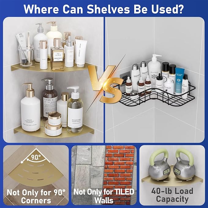 LFBA 2 Pack Corner Shower Shelves Load Capacity 40 lbs 304 Stainless Steel Shower Corner Shelf Will not Rust 8in Shower Shelf for Inside Shower Brushed Gold Drilling Installation