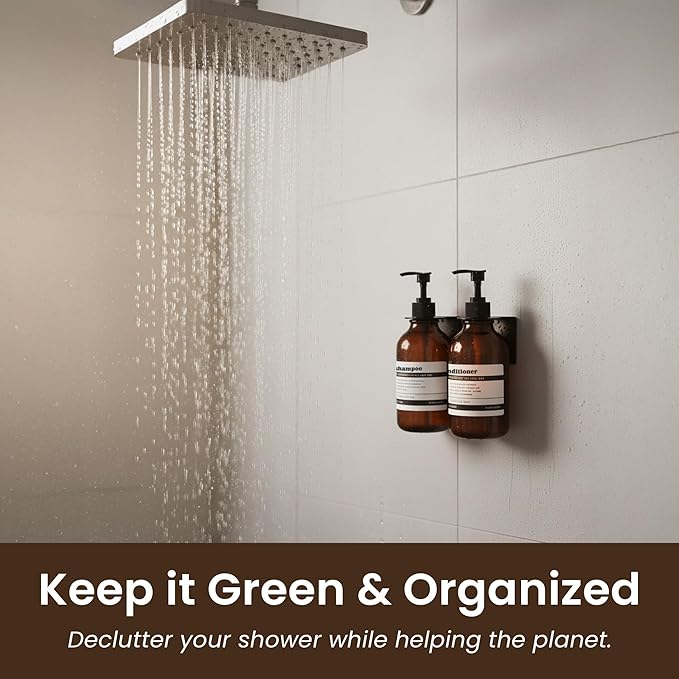 MaisoNovo Shampoo and Conditioner Dispenser - Shower Soap Dispenser Wall Mounted - 16.9 fl oz Set of 2 Amber Plastic Bottles Black Pump - Shampoo Dispenser, Shower Dispenser 2 Chamber No Drill