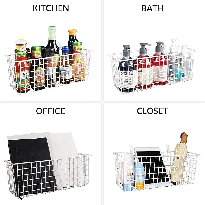 2 Sets Extra Large Hanging Wall Basket, White Metal Wire Baskets with Steel Hooks for Organizing, WallmountedFruit Vegetable Toy Snack Storage, Home Kitchen Bathroom Laundry Pantry Organizer