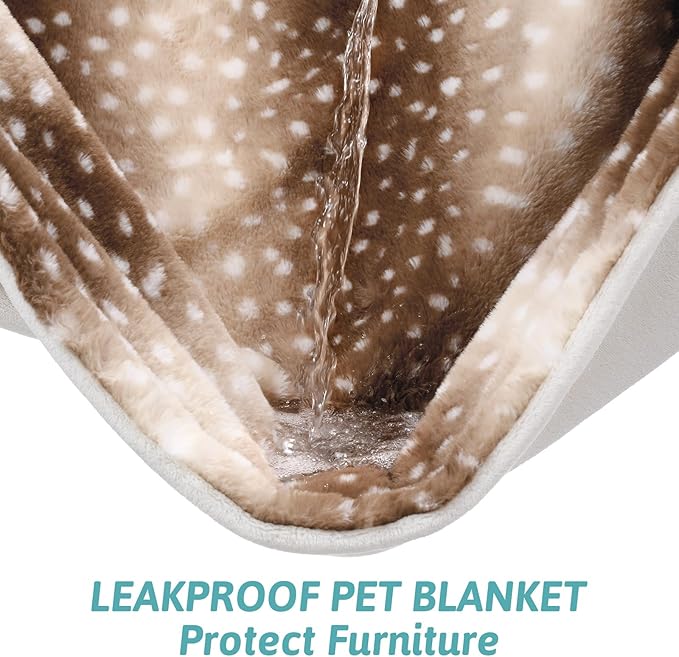 Waterproof Pet Blanket, Christmas Faux Fur Deer Print Blanket, Woman Sofa Bed Couch Throw, Liquid Pee Proof for Large Dog or Cat, Reversible, Washable, Ultra Soft, 40x60 inch, Brown