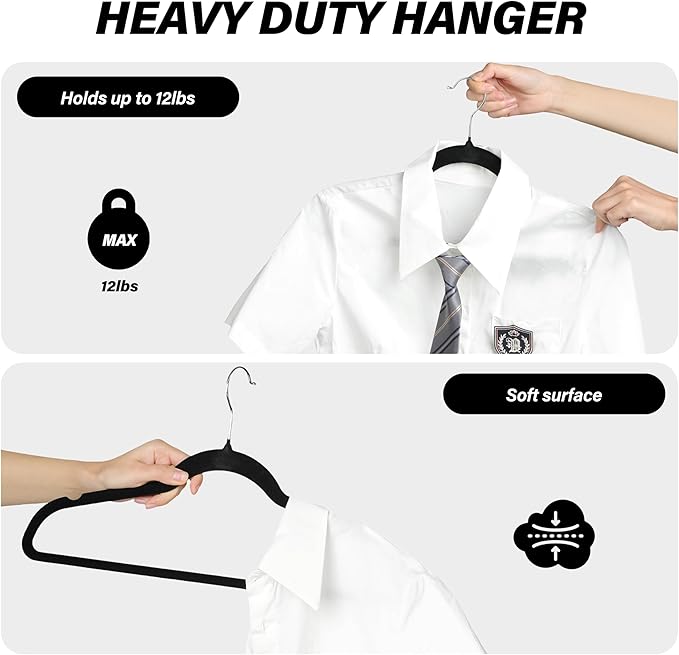 Simple Deluxe 50 Pack Velvet Hangers, Non-Slip Clothes Hangers with Shoulder Notches, 360° Swivel Hooks, Heavy Duty Coat Suit Hangers for Coats & Pants, Black