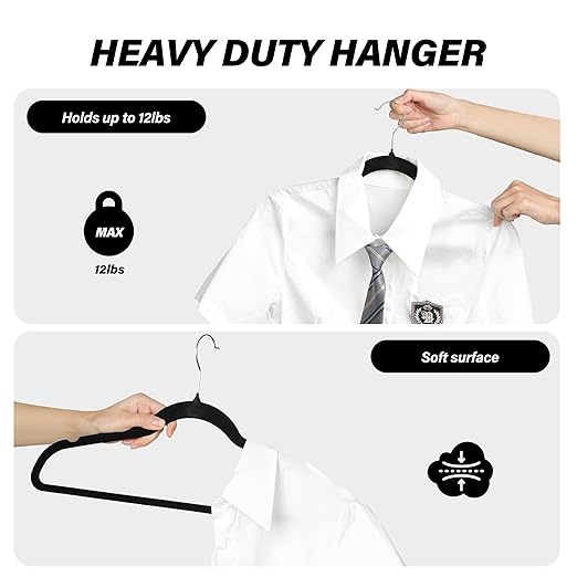 Simple Deluxe 50 Pack Velvet Hangers, 360° Swivel Hook, Non-Slip Heavy Duty Hanger Set with Shoulder Notches, for Coat, Pants & Dress, Black