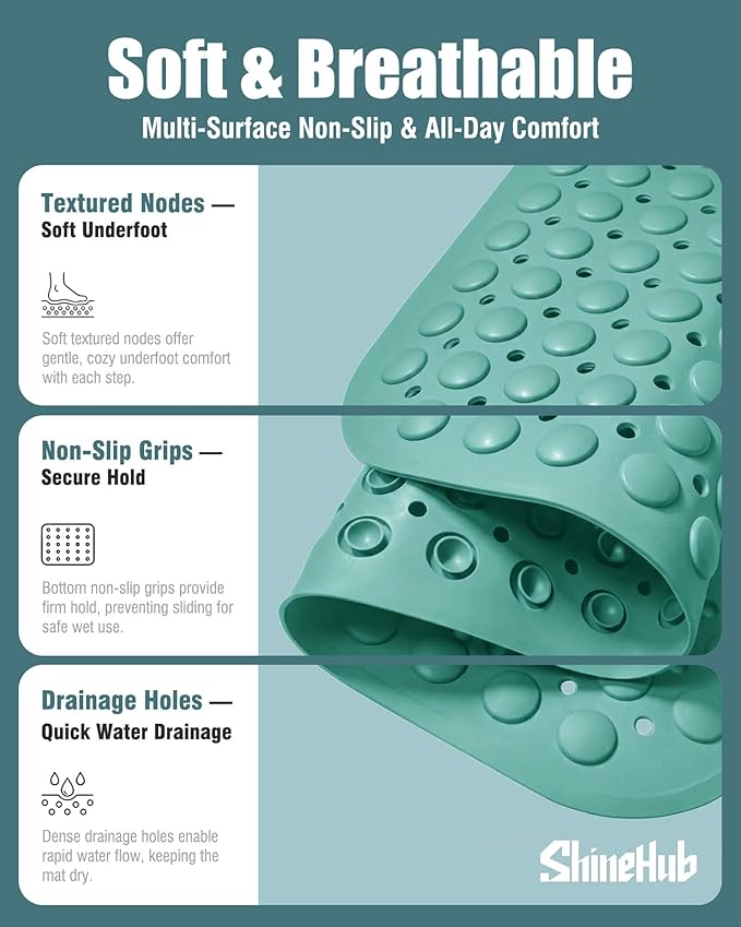 ShineHub Non-Slip Bath Mat for Tub Shower, TPE Machine Washable Bathroom Essentials with Suction Cups, Quick-Dry 28x16 inch (Smoke Pine Green)