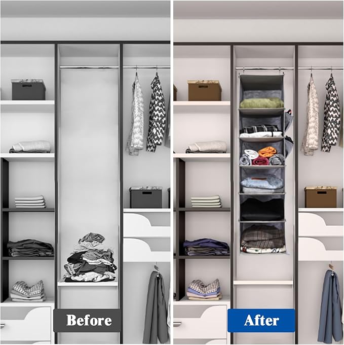 6-Shelf Hanging Closet Organizer and Storage, Collapsible Hanging Shelves for Closet with 2 Side Pockets, Hanging Shoe Organizer to Saving Space,Beige