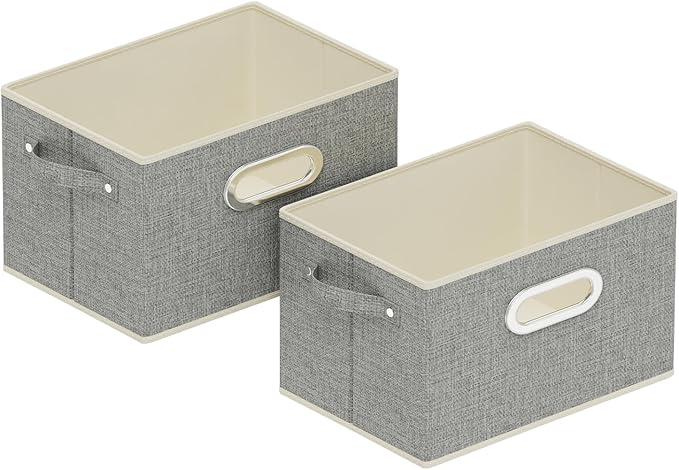 Fabric Open Storage Bins with Metal Handles, Collapsible Organizer Baskets, Foldable Cube Boxes for Shelves, Closet, Living Room, 10.2x7.9x6.7in, Grey, 2 Pack