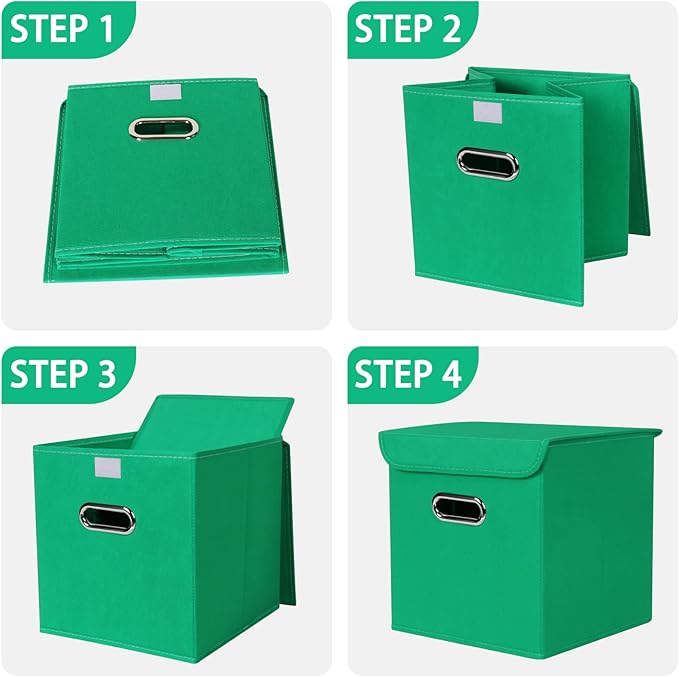 Closet Organizers Fabric Storage Bins With Lids Collapsible Cube Storages Organizer Basket With Handles,Storage Boxes for Clothes Storage,Office,Toys,3 Pack,（Green