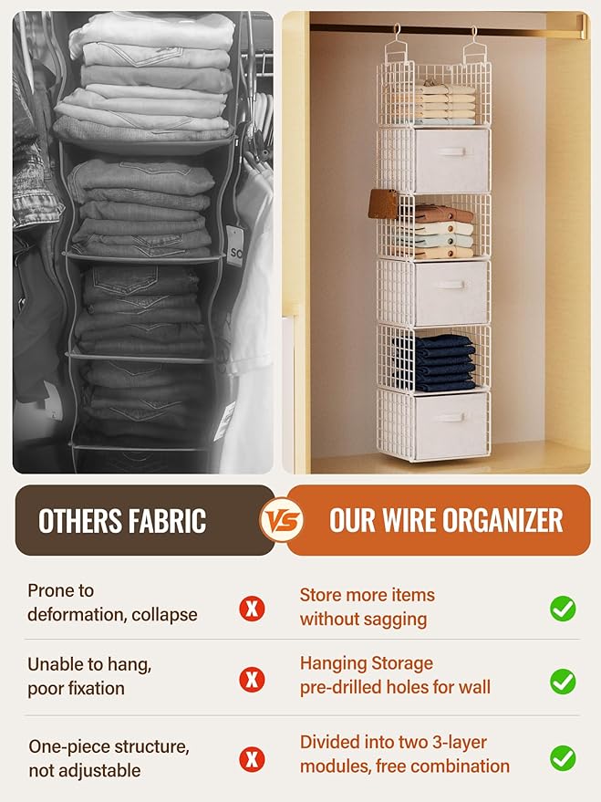 Closet Hanging Organizer with Drawers, 6 Tier Metal Closet Organizers and Storage with 4 Hanging Hooks 4 S-Hooks for Wardrobe Laundry Room, Wire Storage Shelf for Clothes Sweaters Pants (White)