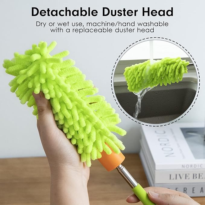 Microfiber Duster for Cleaning, Tukuos Hand Washable Dusters with 2pcs Replace Microfiber Head, Extendable Pole, Detachable Cleaning Brush Tool for Office, Car, Window, Furniture, Ceiling Fan Green