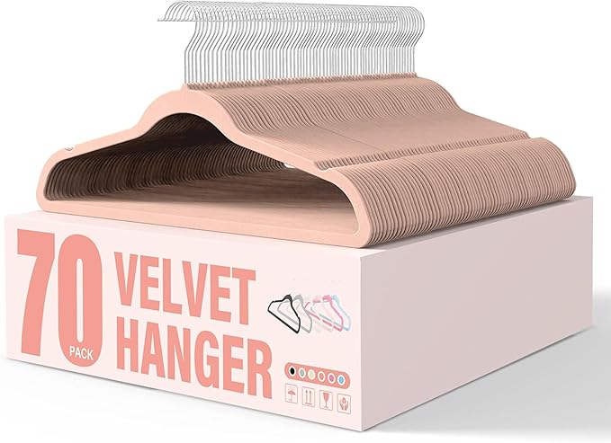 YSSOA Velvet Hangers 70 Pack, Non-Slip Clothes Hangers with Shoulder Notches, 360° Swivel Hooks, Heavy Duty Standard Hanger for Closet Space Saving, Pink