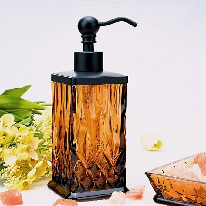 10Oz Amber Glass Soap Dispenser with Matte Black Pump,Lead-Free Thick-Cut Glass,Countertop Soap Dispensers for Bathroom & Kitchen,Square