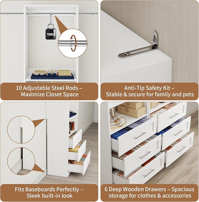 Closet System with 6 Drawers, 4FT-15FT Closet Organizer System with 10 Adjustable Hanging Rods & 2 Shelves, Modular Closet Systems Kit for Walk-In Closets, 2 Sets, White