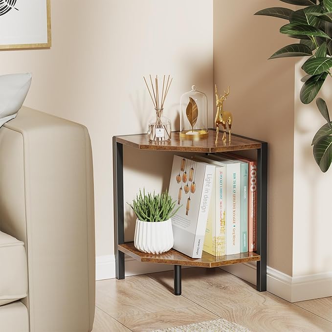 Corner Shelf Stand, 2 Tier Industrial Corner Bookshelf, Multipurpose Standing Corner Display Shelf Countertop Organizer for Living Room Kitchen Bedroom Office, Rustic Brown