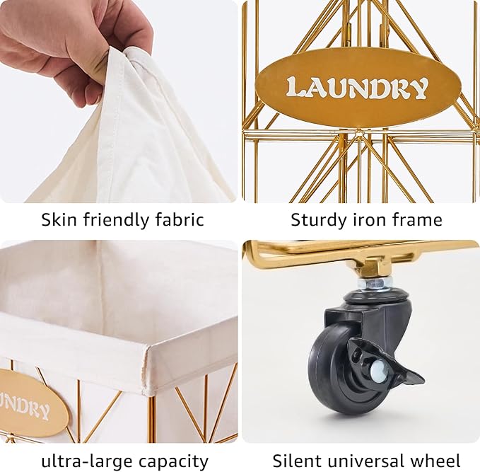 Mxfurhawa Laundry Hamper,Collapsible Laundry Basket Large Capacity Metal Laundry Hamper with Removable Liner, Rolling Wheels and Collapsible Design for Clothes Storage and Organization (110L GOLD)