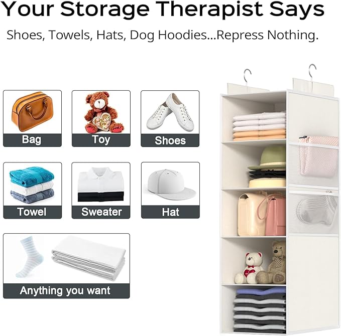 Extra Deep Hanging Closet Organizers and Storage, 5-Tier Closet Hanging Organizer with 4 Mesh Pockets, Heavy-Duty Closet Shelves for Clothes and Hats, Ideal for Dorms and RVs, 1-Pack, White
