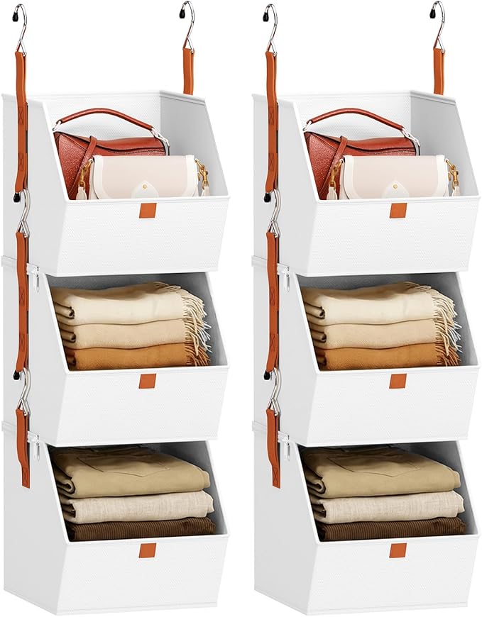 Collapsible Hanging Closet Organizer - 6 Tier Closet Shelves Storage System with Hooks, Fabric Hanging Storage Bins for Clothes, Foldable Storage Basket for Laundry, Bedroom, Rv, White