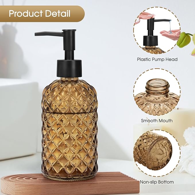 2 Pack Gem Glass Soap Dispenser with Black Plastic Pump, 13oz Liquid Hand Soap Dispenser, Rustproof Pump for Kitchen & Bathroom, Great for Lotions, Essential Oil, Liquid Soaps-Amber