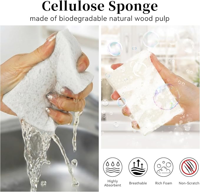 6 Pcs Kitchen Sponges for Dishes Cleaning, Non Scratch for Non Stick Cookware, Compressed Natural Cellulose Sponges, Dish Washing Scrubbers, Scrubbing Pads for Household, Bathroom (White)