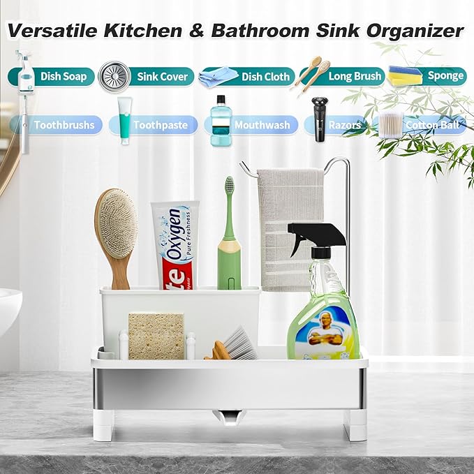 Ewaiira Stainless Steel Sink Caddy, Sponge Holder for Kitchen Sink with Brush Holder & Dishcloth Rack, Rustproof Sink Organizer Countertop, Kitchen Organizers Storage Essentials (E-White)