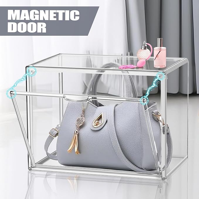 4Pack X-Large Purse Organizer for Closet Clear Acrylic Display Case for Handbag Organizer, Purse Storage Box with Magnetic Door, Dustproof Storage Bins for Collectibles, Size 14