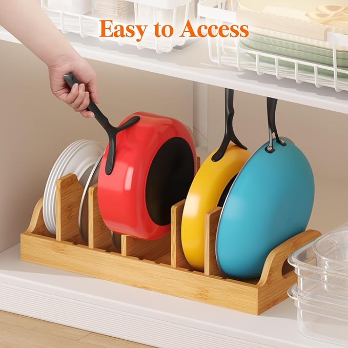 Lifewit Bamboo Pot Lid Organizers for Inside Cabinet, Pot and Pans Lid Holder with 6 adjustable Inserts & 7 Compartments, Lid Storage for Kitchen Pantry Organization, 15.6" X 8.1"