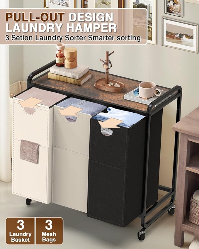 Laundry Sorter 3 Section,Laundry Basket with Wheels,3×15.8 Gal (60L) Laundry Hamper Organizer with Large Wooden Desktop Sorter,Pull-Out and Removable 900D Oxford Fabric Laundry Bags for Laundry Room