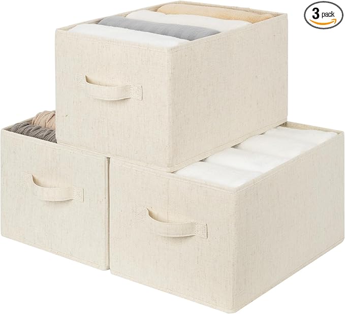 StorageWorks Storage Baskets for Shelves, Fabric Storage Bins, Closet Organization and Storage Basket, Organizer Bins for Clothes, Beige (Cotton-linen), 3-Pack, Large