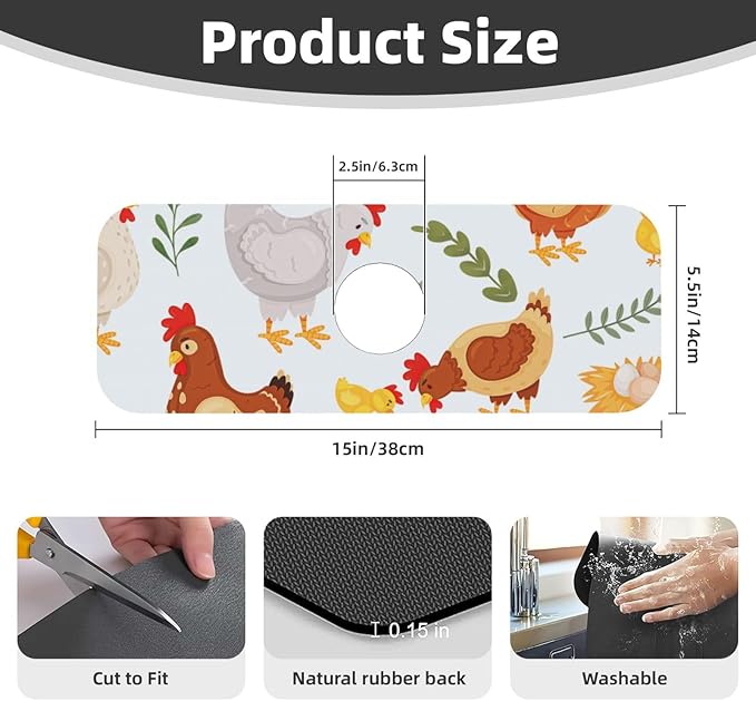 Faucet Draining Mat For Kitchen Sink, Cute Rooster Diatom Mud Absorbent Drain Pad For Bathroom Kitchen Sink Splash Guard Drying Mat