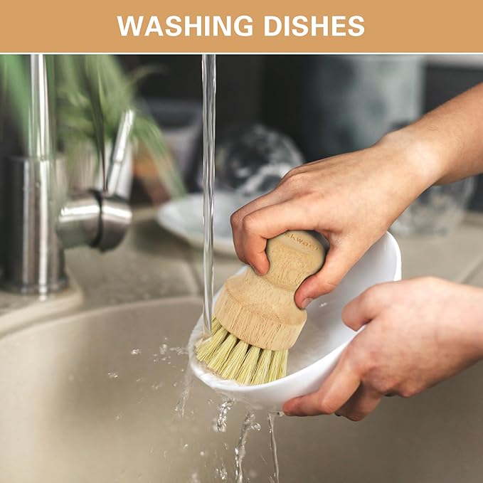 Wooden Dish Brushes, Dish Dishwashing Brush for Cleaning Dishes, Kitchen Wooden Cleaning Dsihes Set with Draining Rack, Natural Sisal Bristles, 1 Set