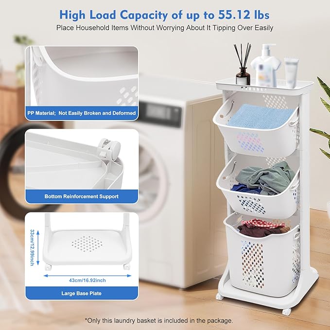 3 Tier Laundry Basket, Bathroom Laundry Basket Multi-layer Clothes Storage Basket 3 Tier Rolling Laundry Hamper with Wheels Freestanding Clothes Basket Organizer for Bathroom Living Room Bedroom