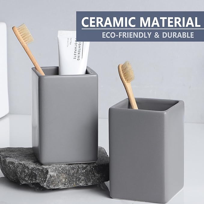 Grey Square Toothbrush Holders for Bathrooms - 2 Cups Ceramic Toothbrush Toothpaste Holders Set, White Square Bathroom Tumbler Cups Reusable Toothbrush Mouthwash Cup, Bathroom Counter Organizer.