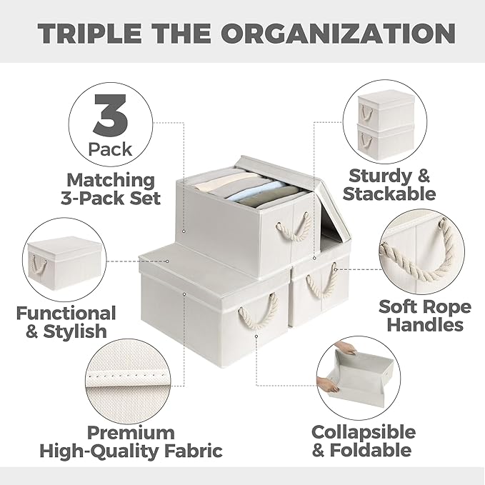 Set of 3 Fabric Bins for Organization - Foldable & Stackable With Lid & Rope Handles - Collapsible Fabric Storage Cubes Lightweight & Sturdy Bottom, Space Saving Collapsible Bin, Ivory