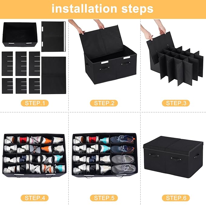 Large Shoe Organizer for Closet Fits 20 Pairs, Shoe Storage Box Bins Containers with Lid and Adjustable Dividers for Shoes, Sneakers and High Heeled, Hard Shell and Stackable （Black）