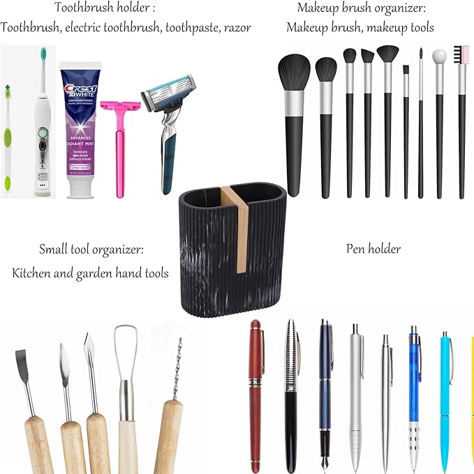 rejomiik Toothbrush Holders Electric Toothbrush Holder for Bathrooms, Bamboo Tooth Brushing and Toothpaste Storage Organizer for Sink, Countertop, Marble Black