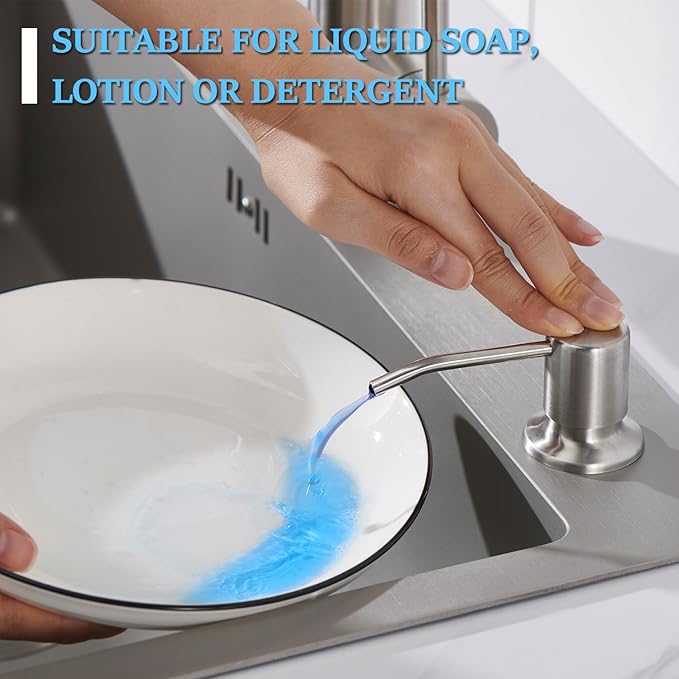 Sink Soap Dispenser Brushed Nickel, Soap Dispenser for Kitchen Sink Stainless Steel Refill from The Top Built in Sink Soap Dispensers with 13 OZ Soap Bottle
