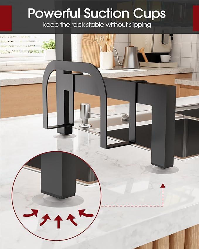 Over The Sink Dish Drying Rack, Expandable 2-Tier Stainless Steel Kitchen Storage Organization Accessories for Countertop, Rustproof & Space-Saving, 30"–34.5" L x 12" W x 25" H, Black