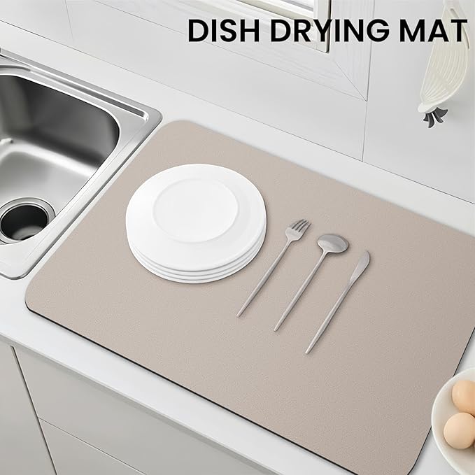 WISELIFE Dish Drying Mat Super Absorbent Drying Mat Large Dish Drying Mats for Kitchen Counter Easy Clean Dish Mat Kitchen Drying Mat18"x 28" Classic Khaki