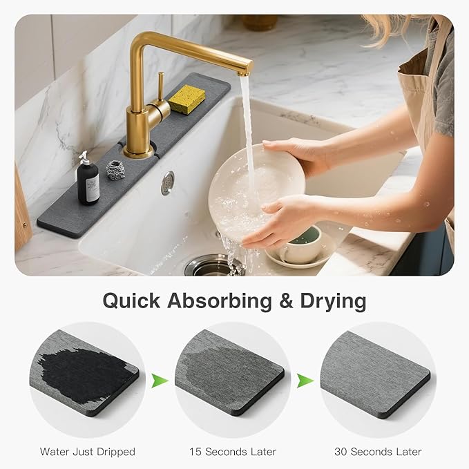 23.6" x 4" Stone Faucet Mat for Kitchen Sink, Quick Drying Diatomite Sink Tray, Faucet Sink Splash Guard for Prevents Moisture Buildup (Dark Gray)