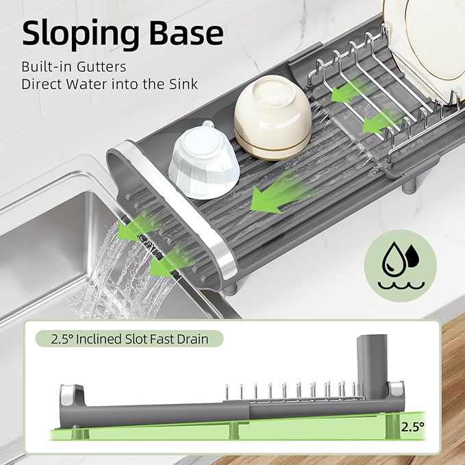TOOLF Small Dish Drying Rack, Mini Expandable Compact Dish Rack, Slim Extendable Stainless Steel Dish Drainer for Kitchen Plate Storage, Space Saving Dish Strainer in Sink or on Home Countertop, Gray