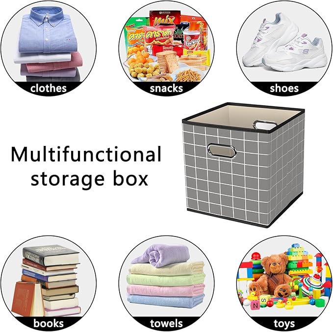 Black Foldable Storage Cubes Bins, Fabric Storage Box Cubes Organizer Baskets with Dual Handles for Home Organizer,Set of 6,(Grey grid)