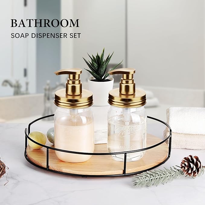 Amolliar Plastic Mason Jar Soap Dispenser with Pump Lid,16OZ Refillable BPA-Free Hand Soap Dispenser Set with Cute Lables - for Kitchen/Bathroom, Liquid Soap, Dish Soap, Lotion (2 Pack, Gold)