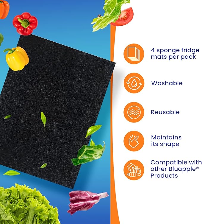 Bluapple FreshMats, Refrigerator Bin Liner, Fridge Drawer Mats, Crisper Life Extender Liner Keeps Produce Fresh Longer, Anti-Bruising, for Air Circulation, Washable & Reusable (4-Mats, 12x15, Black)