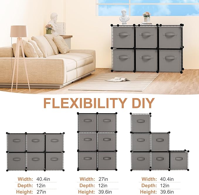Leinuosen 6 Cube Storage Organizer with Fabric Bins, Wire Grid Stackable Shelves, Drawer Closet Organizer, Modular Storage Units for Bedroom Living Room Office Clothes Toys Crafts(Black,Gray)
